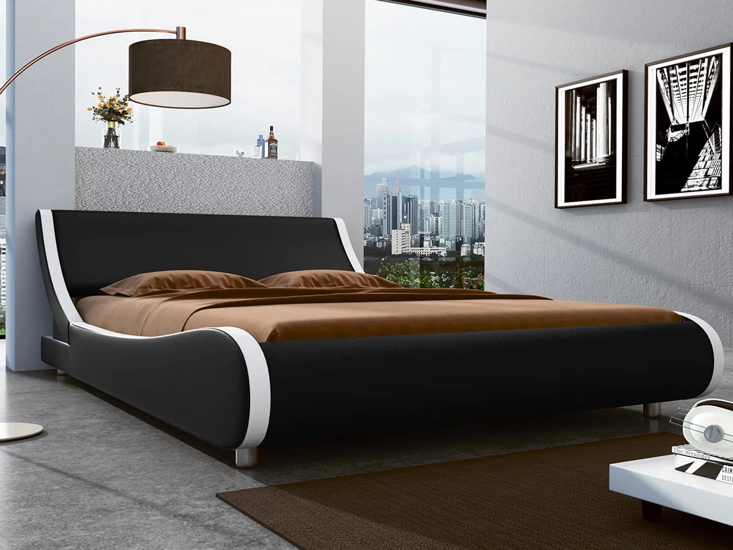 SHA CERLIN Black & White Queen Size Platform Bed frame, Faux Leather Low Profile Sleigh Bed Frame with Adjustable Headboard, Adult