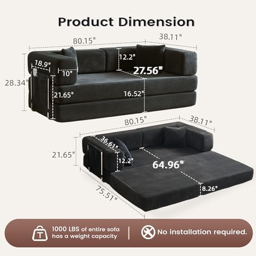 Convertible Sleeper Sofa Bed No Assembly Corduroy Upholstered Green Modular Floor Couch Queen/King Size Foldable Futon with Memory Foam for Apartment