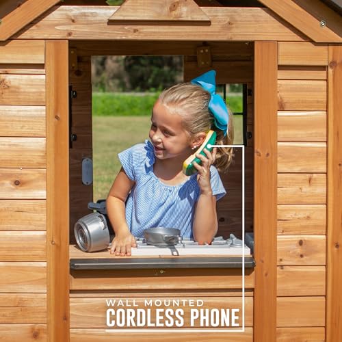 Backyard Discovery Sweetwater Cedar Wooden Kids Playhouse Cottage with Play Kitchen, Snack Bar, Half Door, Toy Phone, Windows, Flowerpot Holders