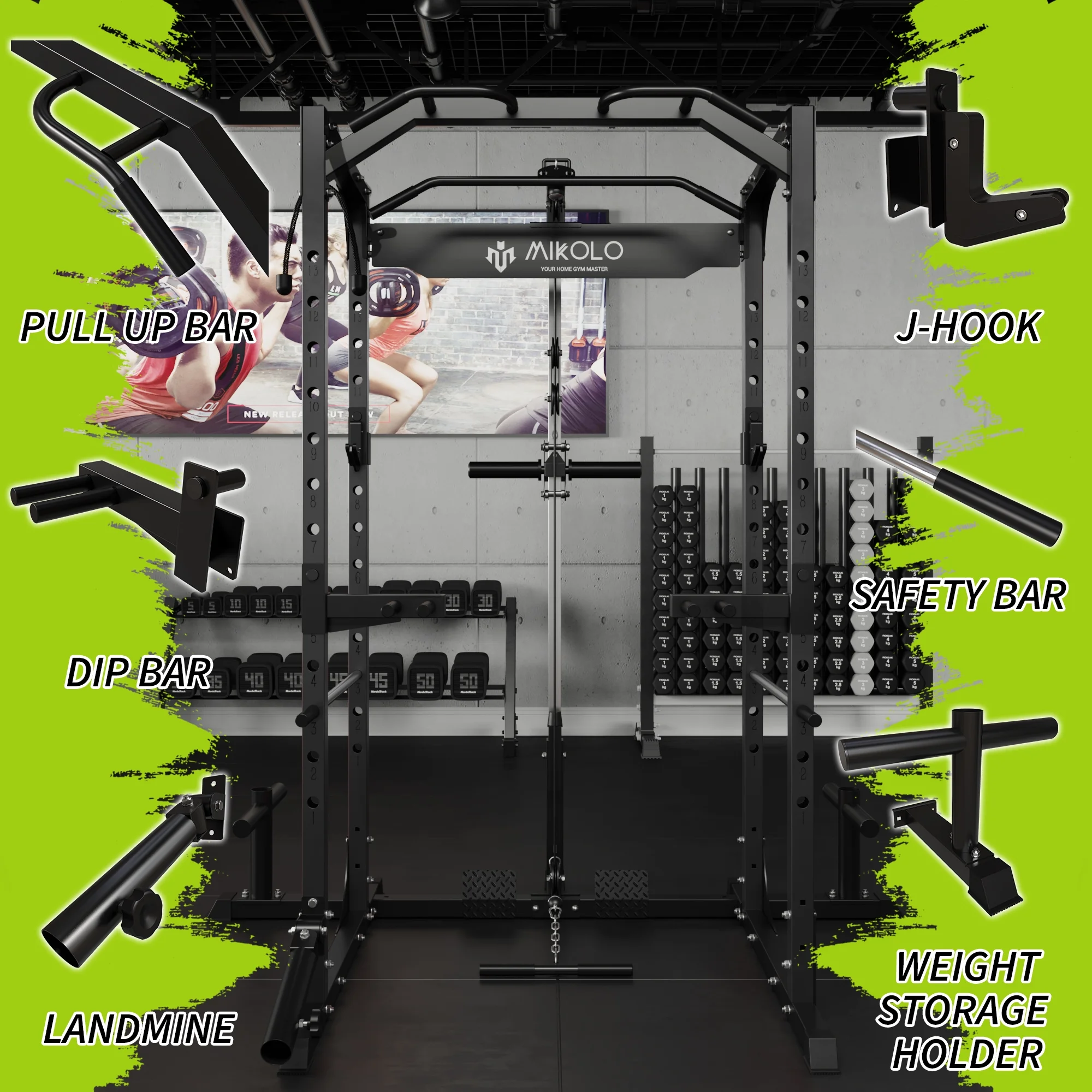 Mikolo Power Rack Cage with LAT Pulldown System,1200LBS Capacity Power Rack, Multi-Functional Squat Rack with 13-Level Adjustable Height and J-Hooks
