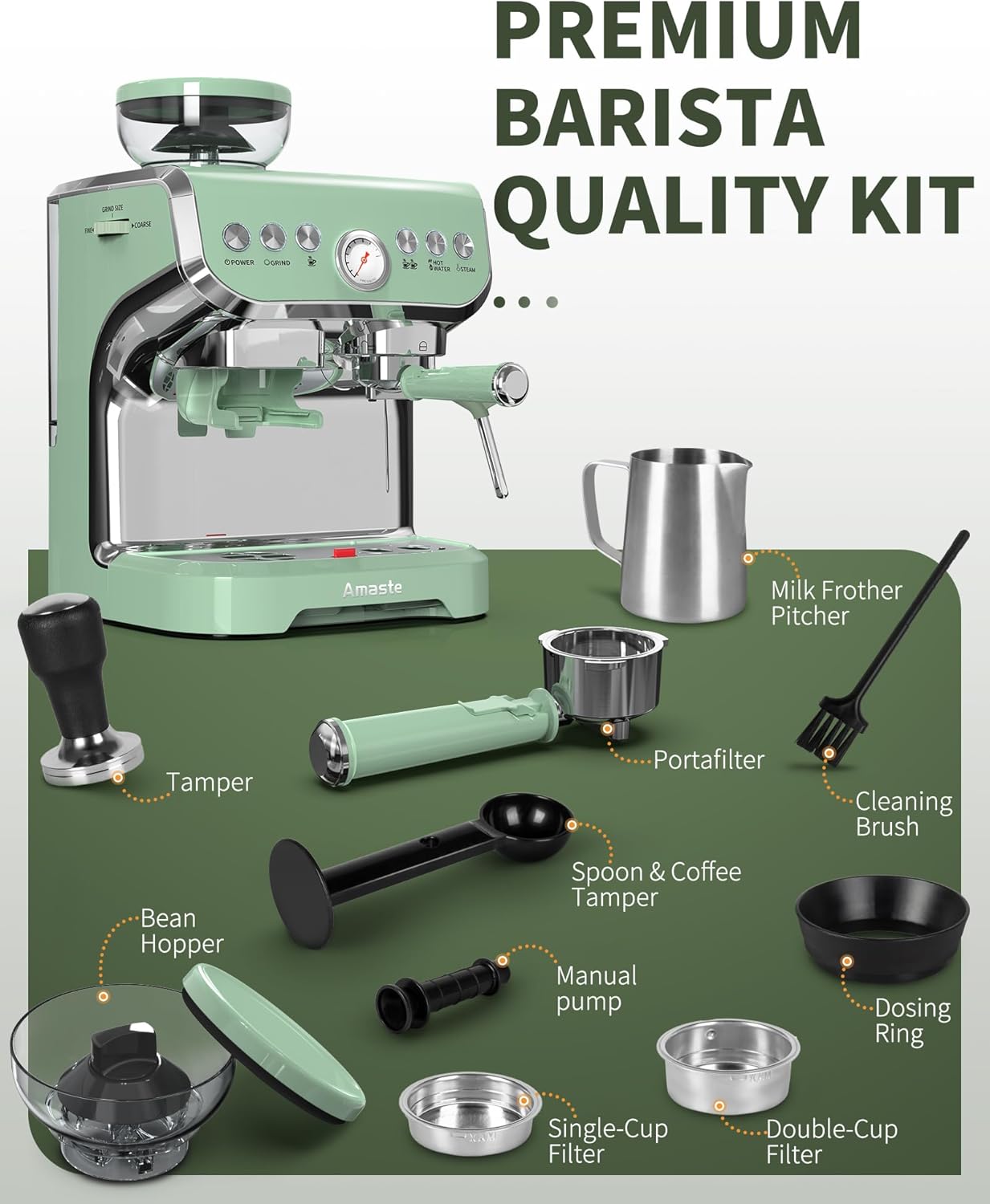 Amaste Espresso Machine with Grinder, 15 Bar Espresso Machine with Steam Wand for Latte and Cappuccino, 68Oz Water Tank, Pre-Infuse Brewing
