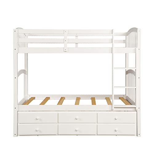 Harper & Bright Designs Twin Over Twin Bunk Bed with Trundle, Wooden Bunk Bed with 3 Storage Drawers and Safety Rail, Can be Convertible to 2 Beds
