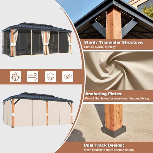 EROMMY 12'x20' Hardtop Gazebo Double Roof Galvanized Steel Canopy Outdoor Aluminum Frame Permanent Metal Pavilion with Netting and Curtains for Patio