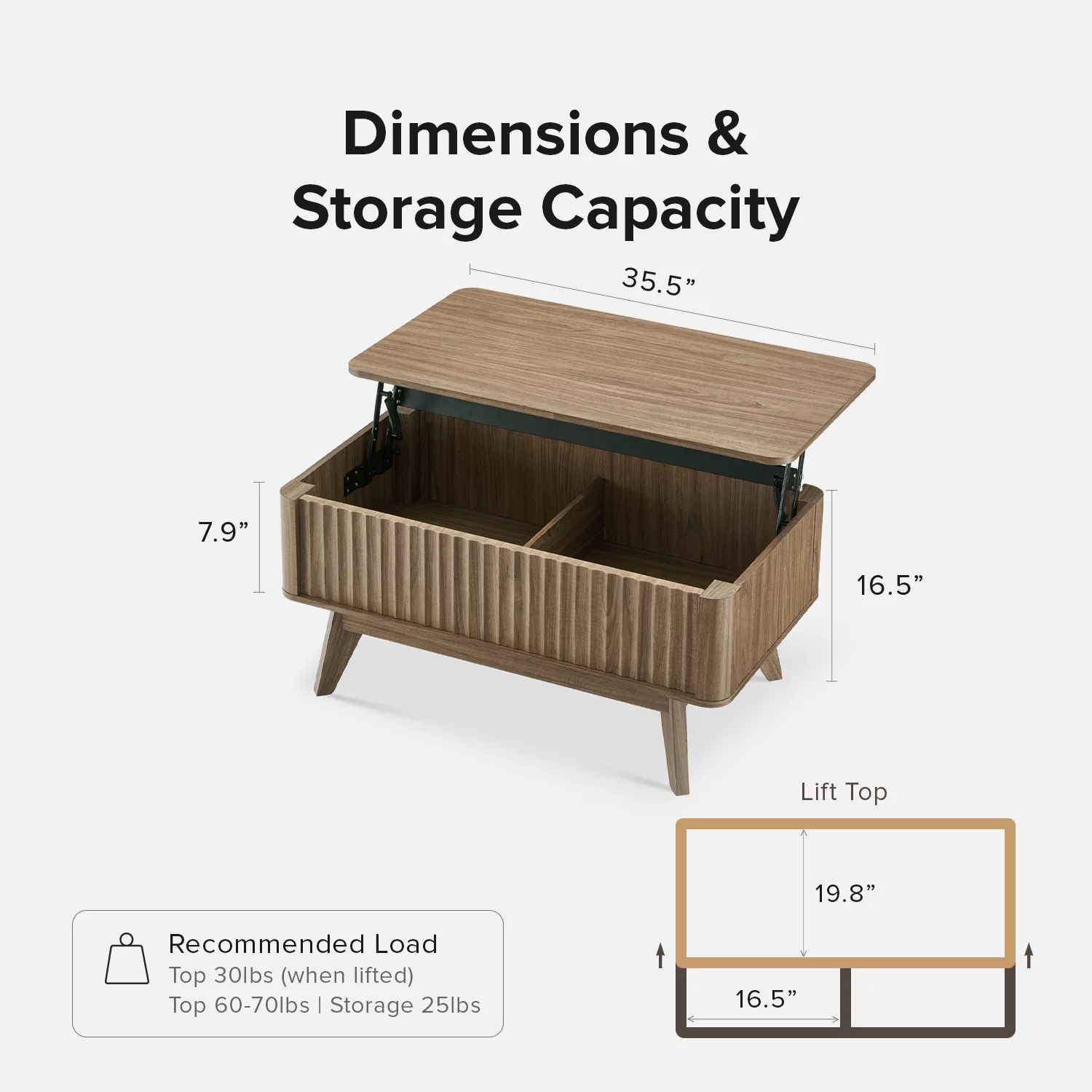 Mopio Brooklyn Mid-Century Modern Lift Top Coffee Table with Storage for Living Room, Waveform Panel (Walnut)
