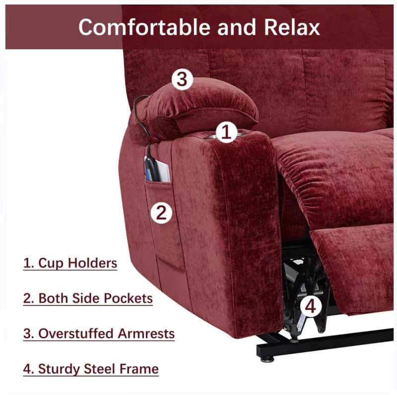 Electric Power Lift Recliner Oversize Chair Dual Motor Vibration Massage Heated Gift Fabric Single Sofa for Elder with Side Pockets Cup Holders for