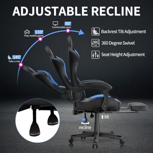 Gaming Chairs for Adults Tall and Kids，Lumbar Support,LED Lights，High Back Reclining Computer Chair with Headrest (Black+Blue)