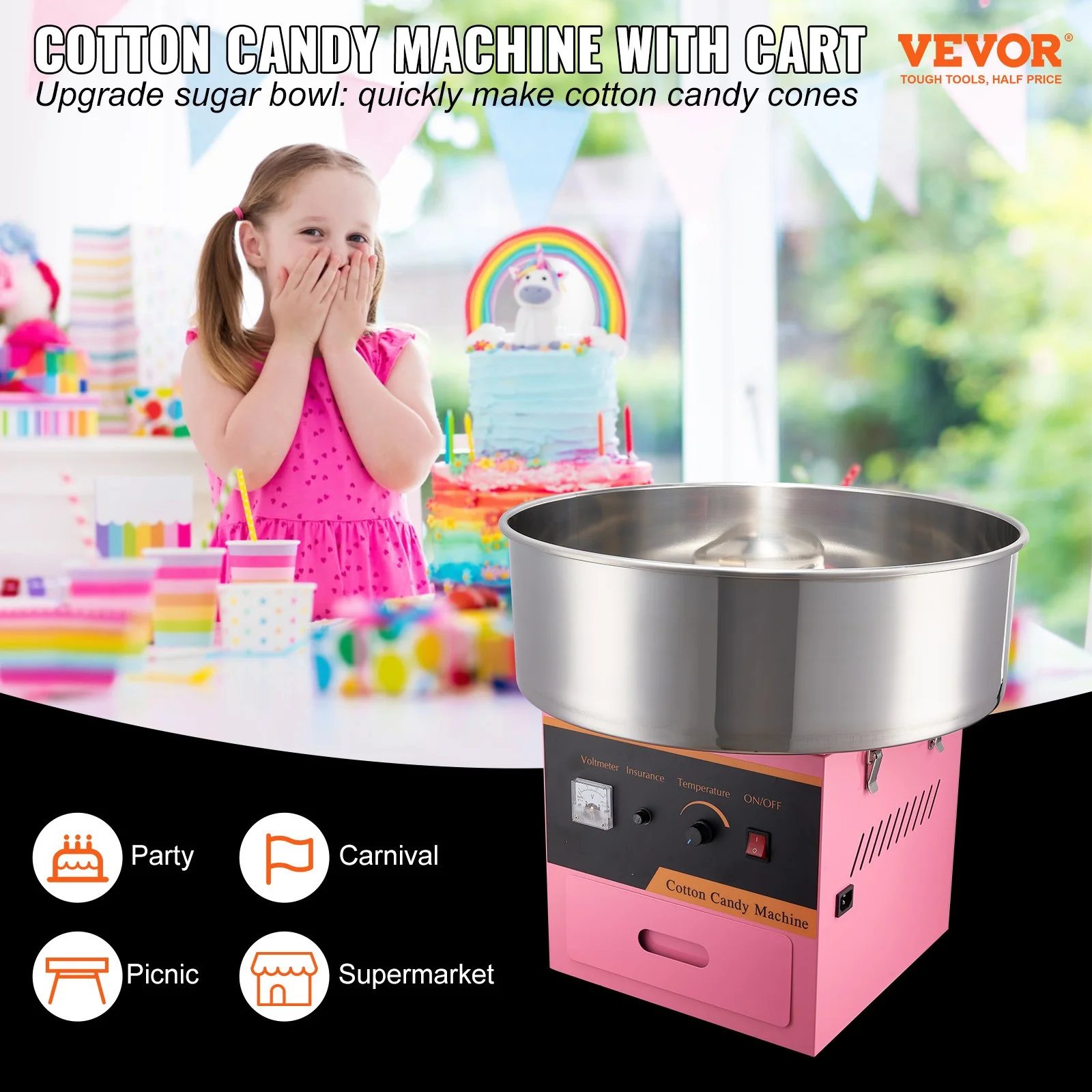 BENTISM Cotton Candy Machine Maker 21 Inch Stainless Steel Bowl