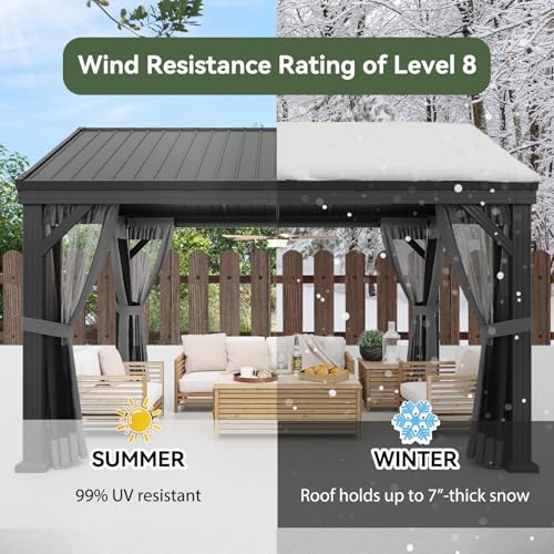 Aoxun 10' X 12' Hardtop Gazebo, Aluminum Outdoor Gazebo with Galvanized Steel Gable Roof Canopy, Patio Permanent Metal Pavilion with Netting