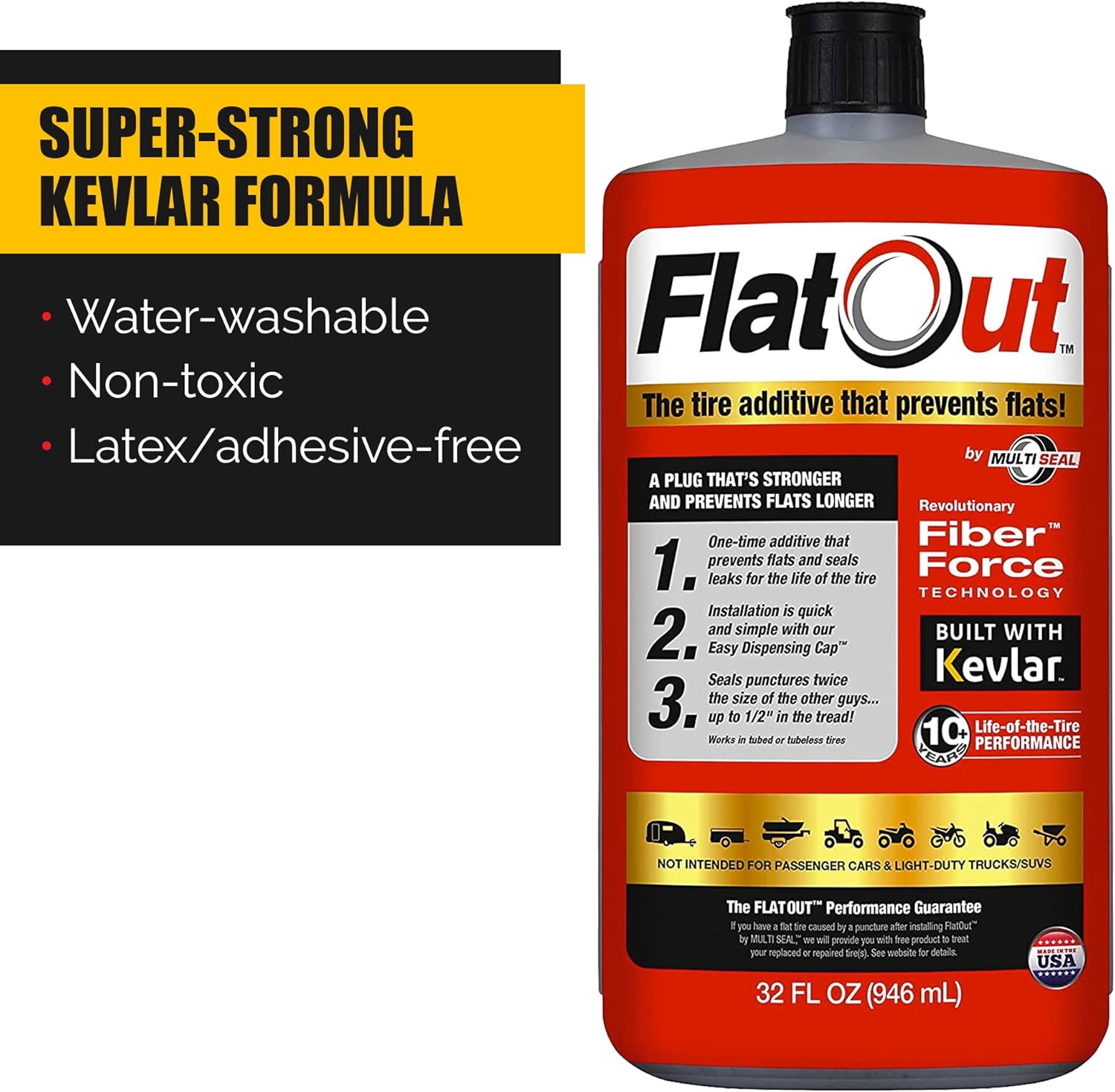 FlatOut Multi-Purpose Tire Sealant - Prevents and Repairs Flat Tires, Seals Leaks, Contains Kevlar, 32-Ounce Bottle, 8-Pack