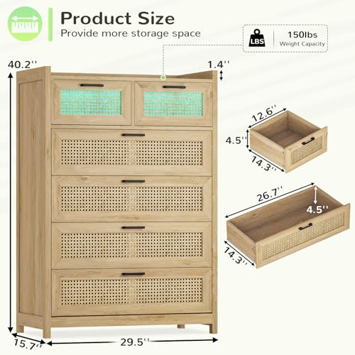 Rattan Dresser for Bedroom with LED Lights, Modern 6 Drawer Dresser with Metal Handles, Wood Storage Chest of Drawers Dresser for Closet, Bedroom