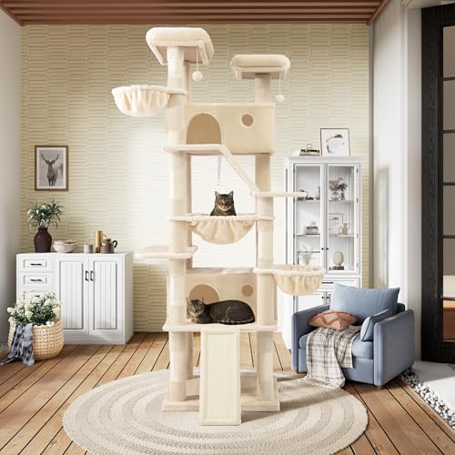 SHA CERLIN 81in Multi-Level Tall Cat Tree Tower for Indoor Kitties/Larger Cat Condo Furniture with Hammock/Cozy Pussycat Perches/Sisal Scratching