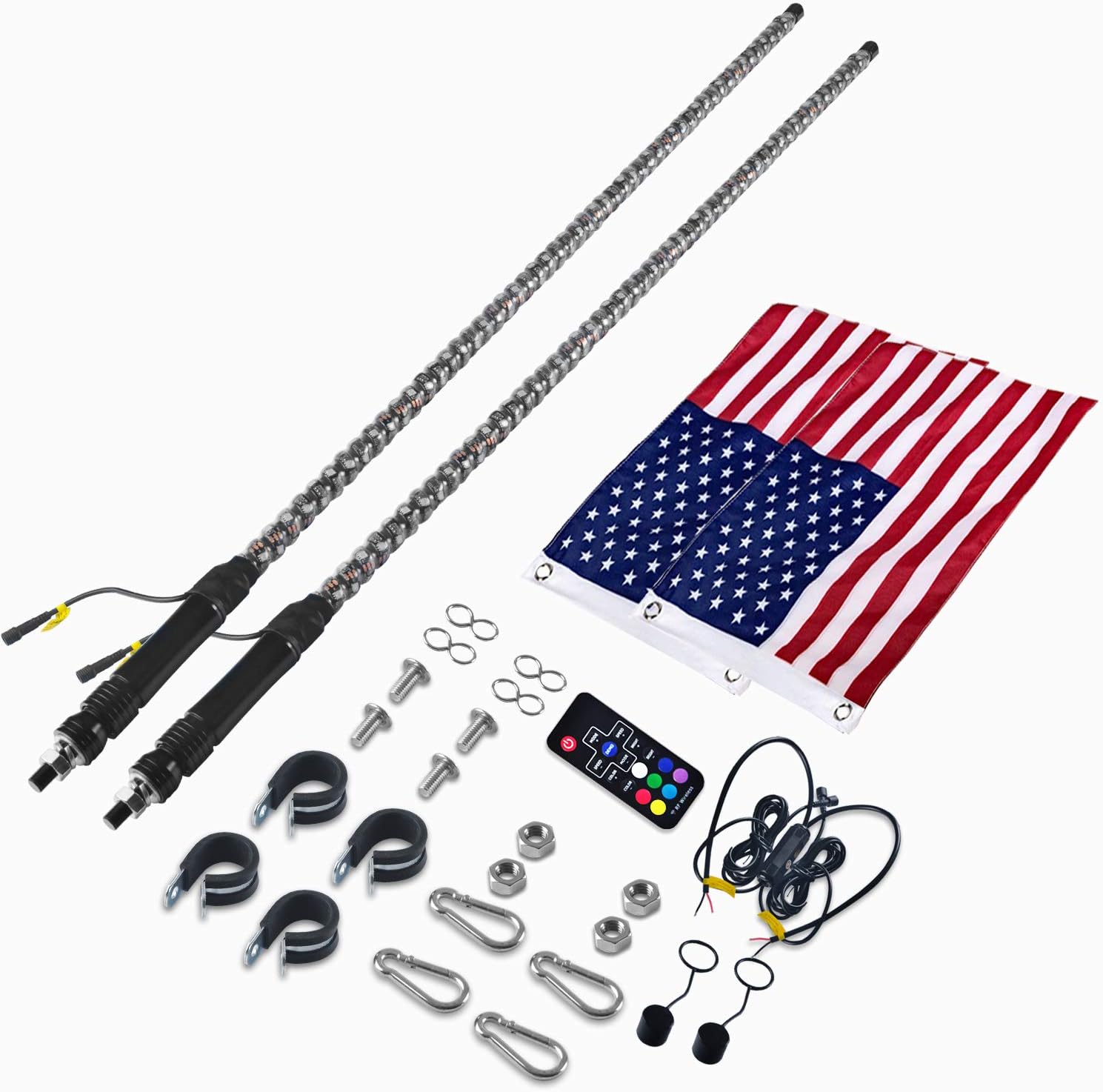 OHMU 2Pcs 3FT Spiral LED Whip Lights for UTV ATV [21 Modes] [20 Colors] [RF Wireless Remote] [Weatherproof] [USA Flag] LED Lighted Whips Antenna for