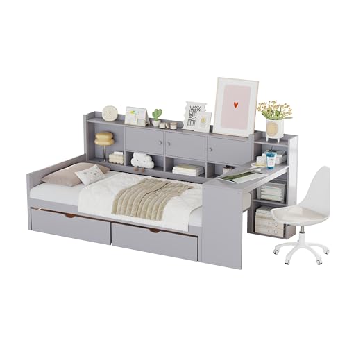 Corner Twin Bed Frame with Bookcase Storage and Desk, Wood Day Beds with 2 Drawers, Twin Size Daybed with Storage for Living Room