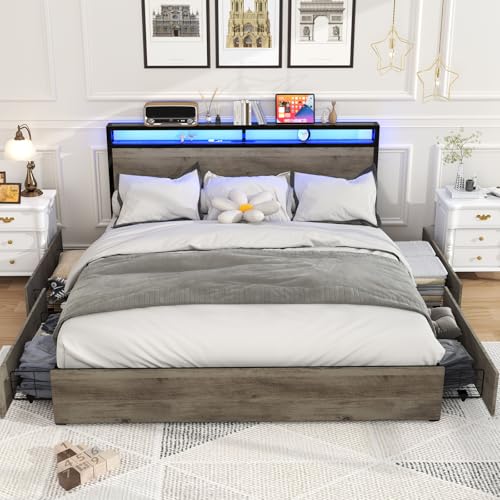 Full Size Bed Frame with Headboard, LED Platform Bed with 4 Storage Drawers, Built in Charging Station, Noise-Free, Metal Support Base
