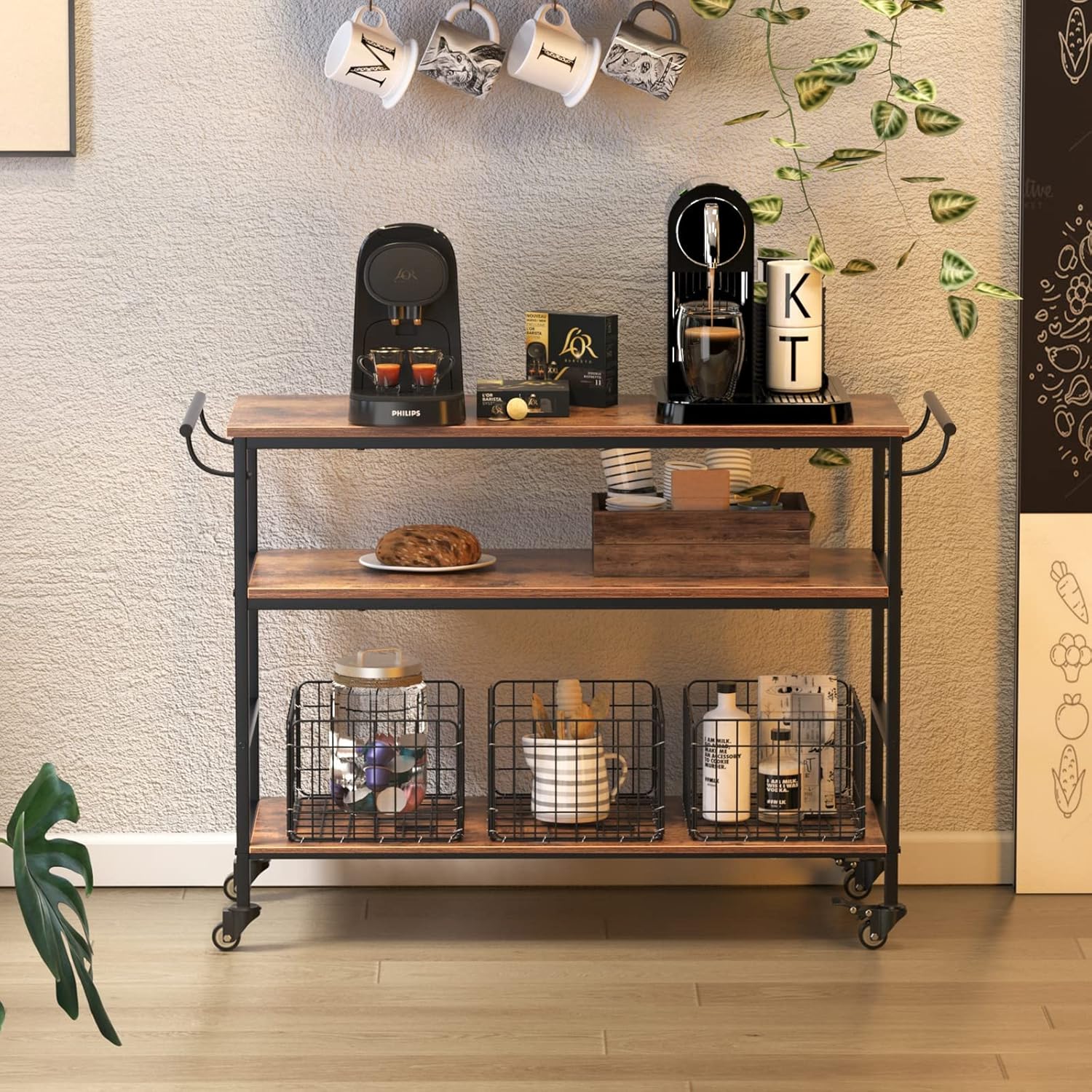 3-tier Kitchen Serving Carts, rolling storage trolley with 3 basket drawers, 45.3" practical microwave oven stand, lockable caster open storage rack