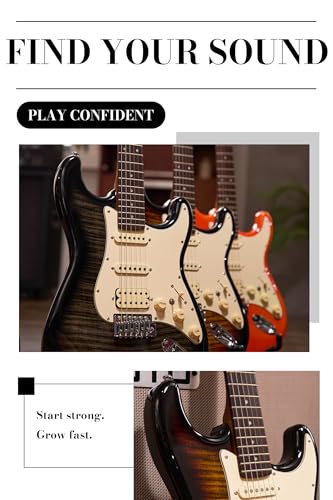 AKLOT Stryde Electric Guitar with Coil-Split: Roasted Maple Neck, Flame Maple Graphic Top, HSS Ceramic Pickups, Beginner Guitar Kit with 10W Amp