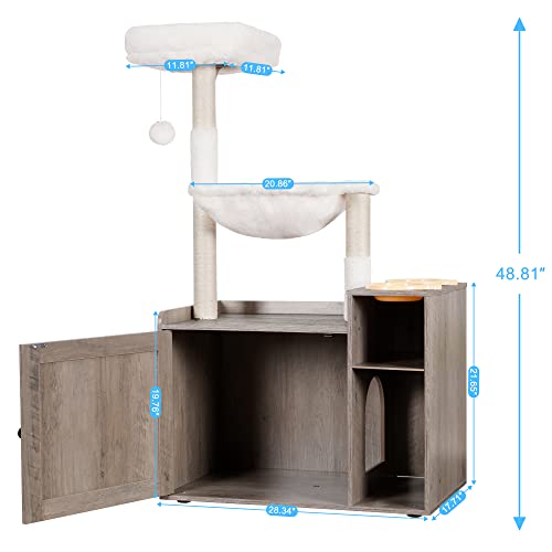 Hey-brother Cat Tree with XL Litter Box Enclosure, All-in-one Cat Tower for Indoor Cats with Large Hammock, Bed, Food Station, Scratching Posts