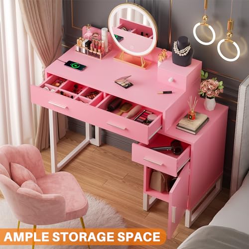 Vanity Desk with 4 Storage Drawers - Modern Makeup Vanity Table with Charging Station