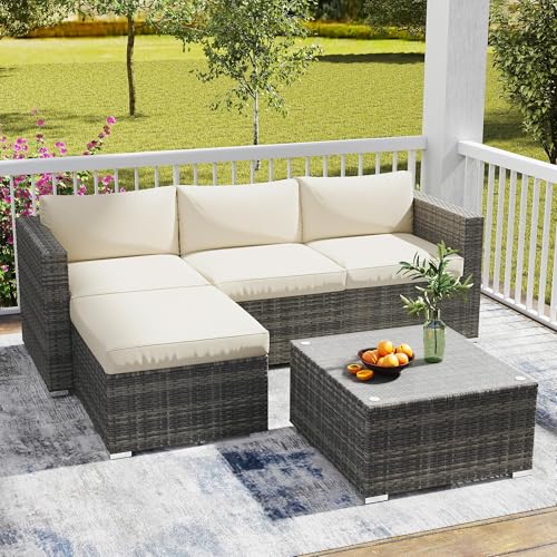 Wisteria Lane 5 Piece Outdoor Patio Furniture Set, All Weather Wicker Rattan Sectional Sofa Conversation Set with Cushions & Large Glass Coffee Table