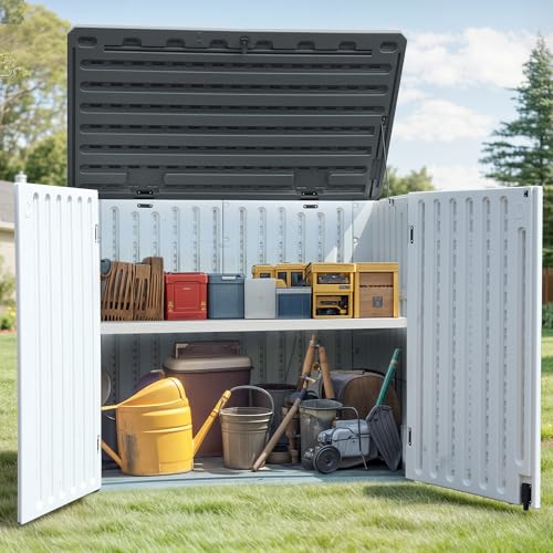 GOOBED Horizontal Shed with Padlock Latch, Outdoor Storage Shed for Backyard and Garden, 35 Cu Ft Small Storage, Waterproof, Easy Assembly, Light Gray