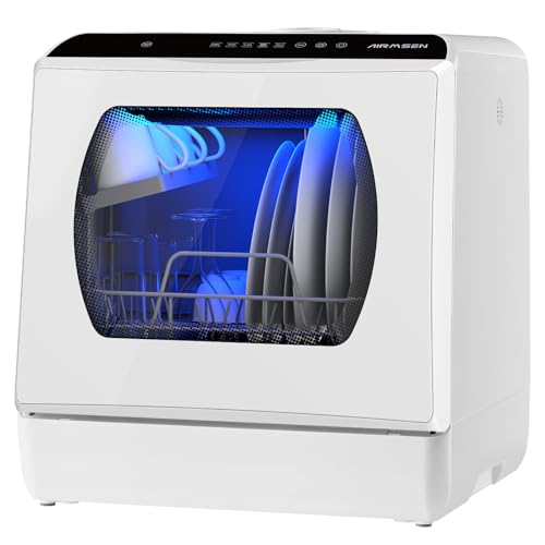 AIRMSEN AE-TDQR03 Portable Countertop Dishwasher, Compact Mini Dish Washer with 5-Liter Built-in Water Tank and Air-Dry Function, 5 Washing Programs