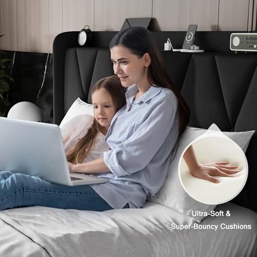 Queen Bed Frame with 4 Storage Drawers and Charging Station, Upholstered Platform Bed Frame with Storage Headboard, No Box Spring Needed