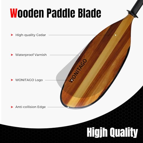Kayak Paddle with Full Carbon Fiber Shaft and Wooden Blade, Floating Kayak Oars Anti-Collision Edge, Adjustable 220-230 cm/86-90 Inches