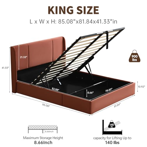 VELOCAVA Queen Size Lift Up Storage Bed with Modern Wingback Headboard, Upholstered Platform Bed with Fabric with Hydraulic Support Bars