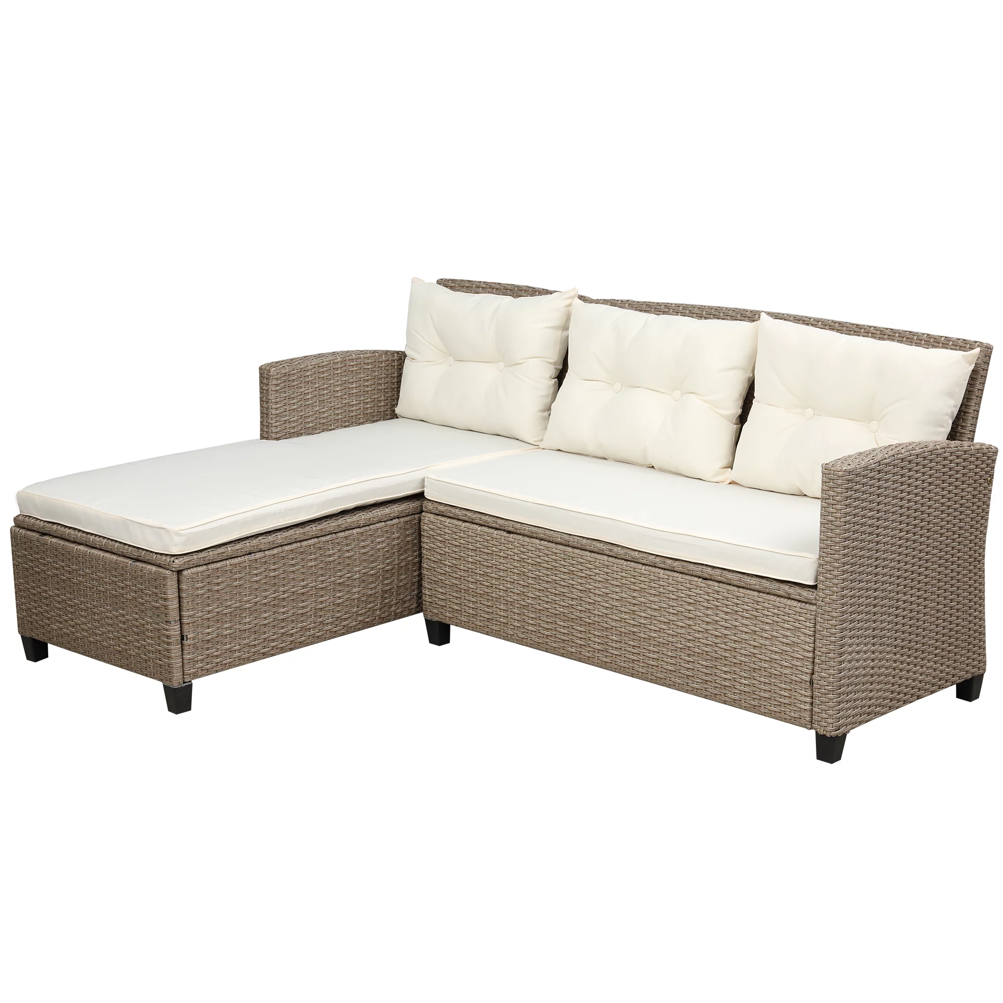 Dcenta Living room, Outdoor, Patio Furniture Sets, 4 Piece Conversation Set Wicker Rattan Sectional Sofa with Seat Cushions, Beige Brown