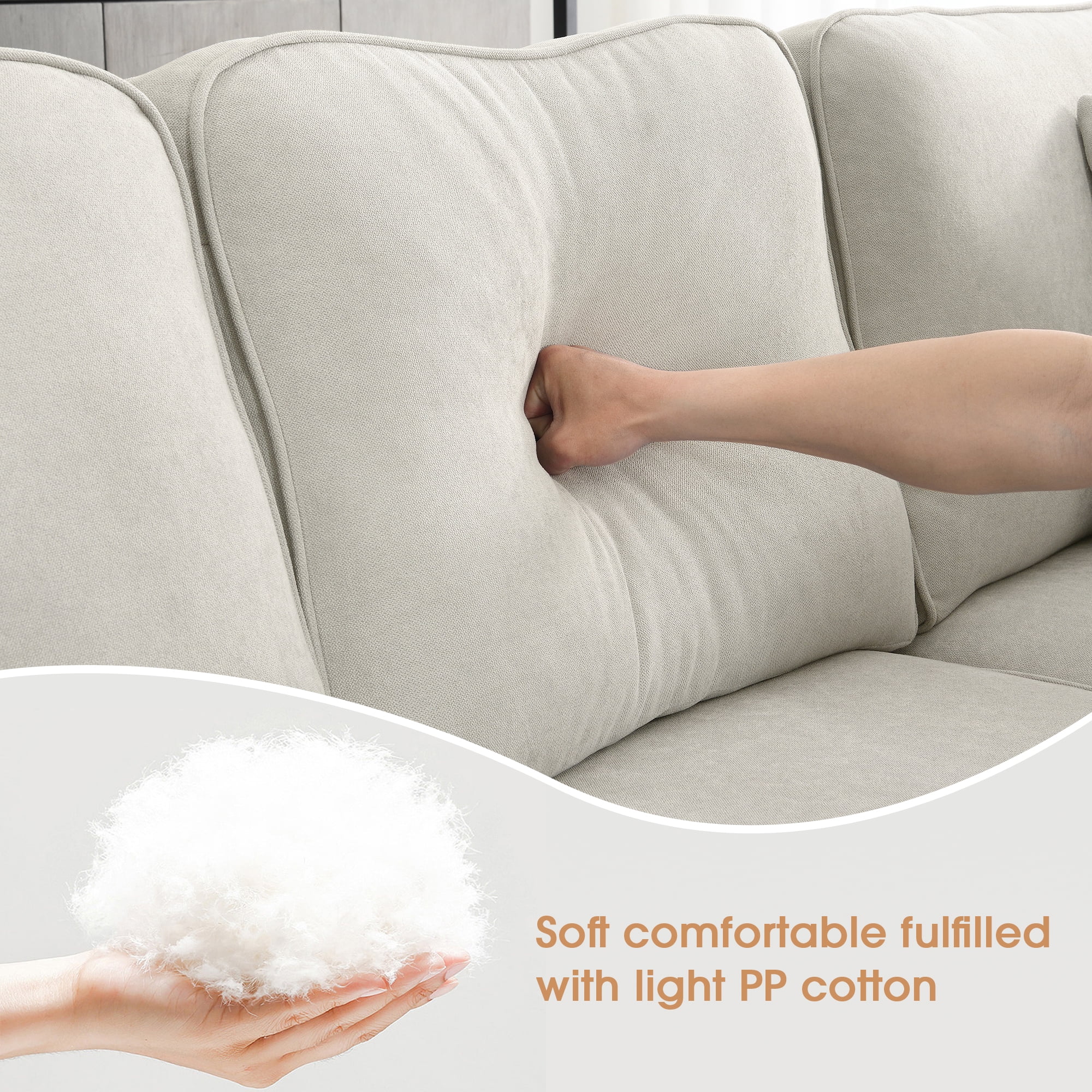 U-Shaped Sectional Couch with Chaise, Modern Upholstered Couch, 7-Seater Sectional Couch with 3 Pillows and Plastic Legs, Heavy Duty Sofa Furniture