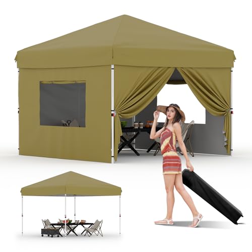 10'x10' Pop Up Canopy Tent with 4Pcs Sidewalls, Portable Instant Commercial Canopy with 4 Stakes, 4 Ropes, 4 Sandbags for Farmers'