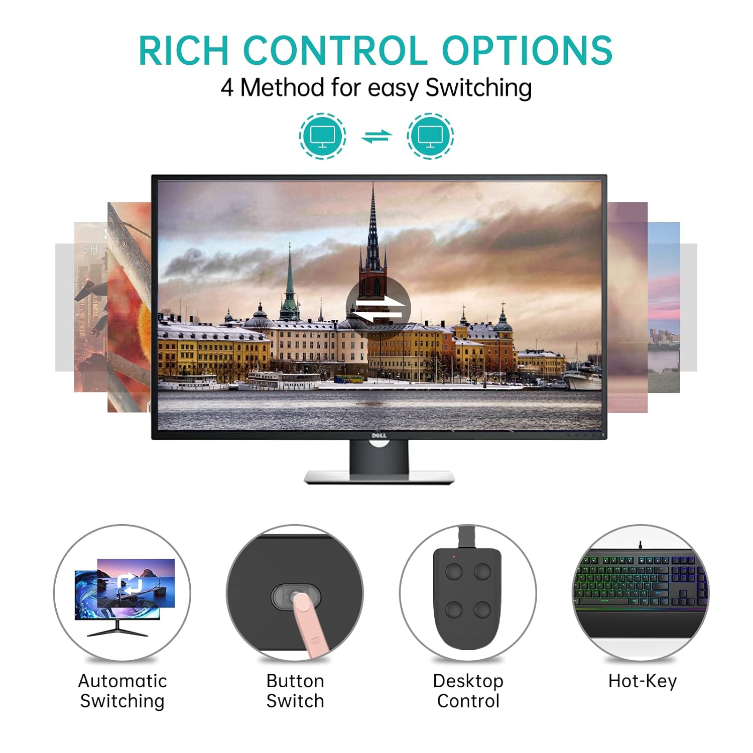 DisplayPort 4 Port MT-VIKI KVM Switch 4x1 with 4 DP Cables+ 4 USB Cables 4K@60Hz 4:4:4 UHD Support HDCP 2.2 DP1.2 Hotkey for Windows, Linux, etc.