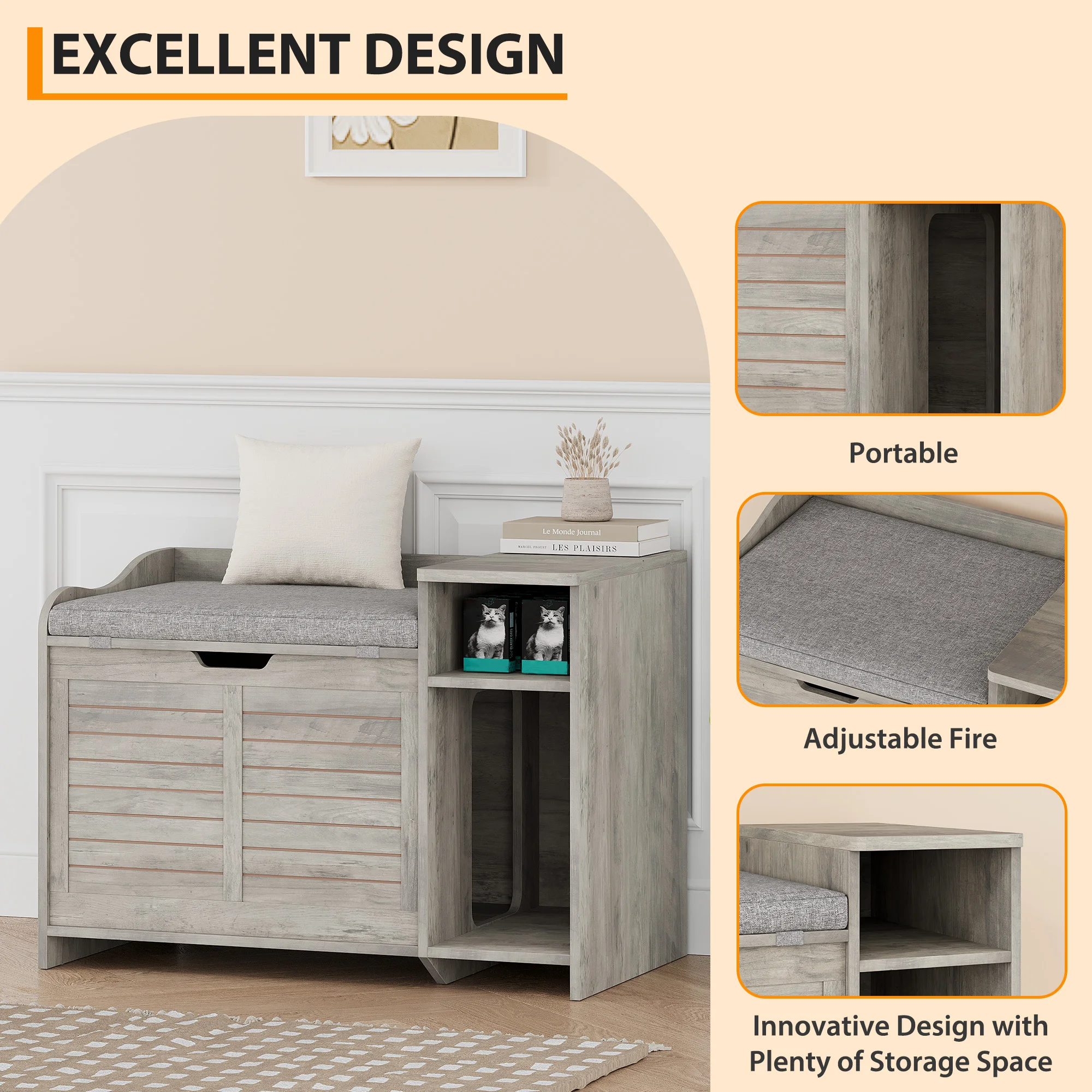 OUTGOODS Hidden Cat Litter Box Furniture, Fir Wood Enclosure Cabinet w/ Storage