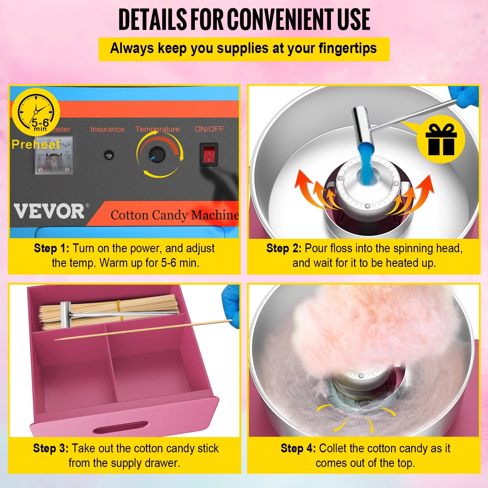 VEVOR 21" Commercial Cotton Candy Machine with Cart Pink Stainless Steel Electric Candy Floss Maker with Cart Perfect for Various Parties