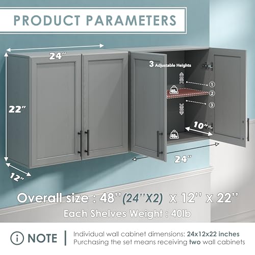 Wall Storage Cabinet - Kitchen Laundry Wall Amount Cabinet with Two Shaker Doors and Shelf, in Grey, 24'Wx2 Pcs