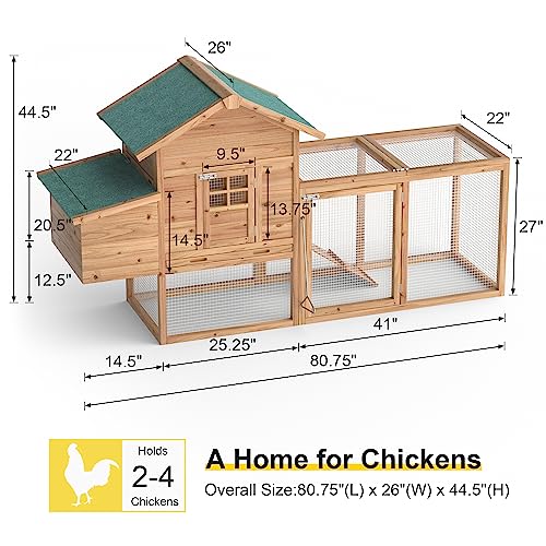 GOJOOASIS 80" Chicken Coop for 2-4 Chickens Outdoor Wooden Hen House Poultry Pet Hutch for Backyard w/Run Cage & Nesting Box(A)