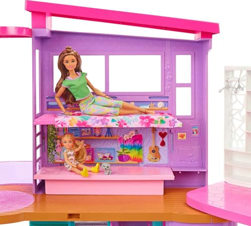 Barbie Vacation House, 2-Storey Fully-Furnished Barbie House with 6 Play Areas, Swing Chair Elevator, 30 Accessories, Fold and Store