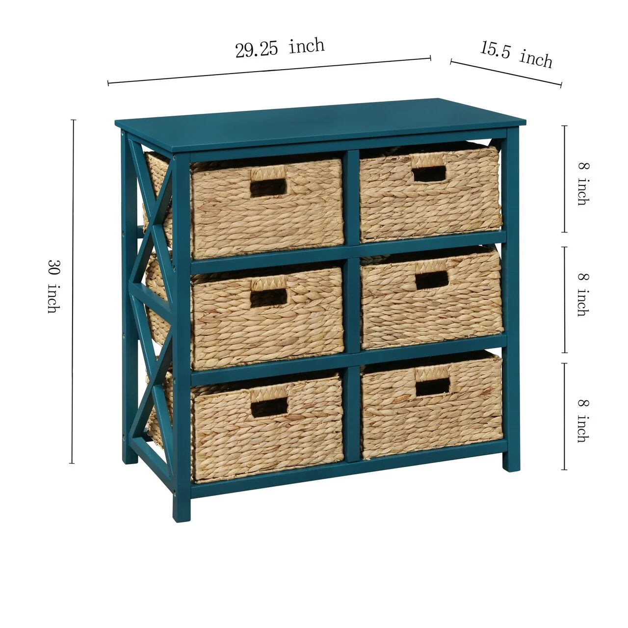 eHemco 3 Tier X-Side End Storage Cabinet with 6 Water Hyacinth Natural Wicker Baskets, Teal