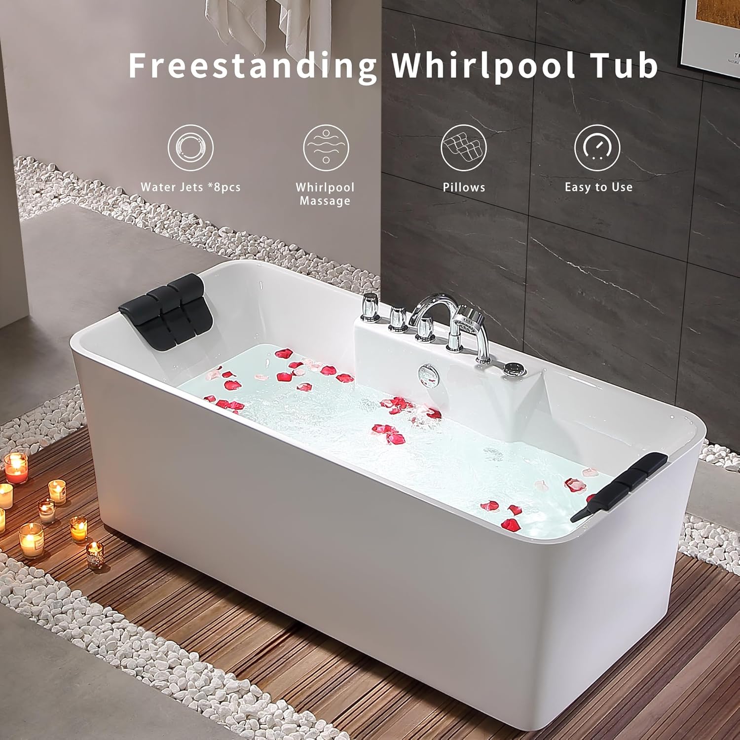 Empava 67 Inch Freestanding Whirlpool Bathtub with 8 Jets Luxury Acrylic Massage SPA Soaking Bath Tub Double Ended, White