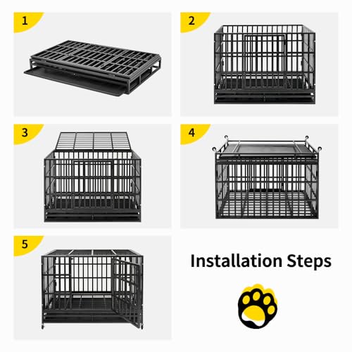 Upgrade 48 Inch Heavy Duty Indestructible XL Dog Crate Steel Escape Proof, Indoor Double Door High Anxiety Cage, Kennel with Wheels, Removable Tray