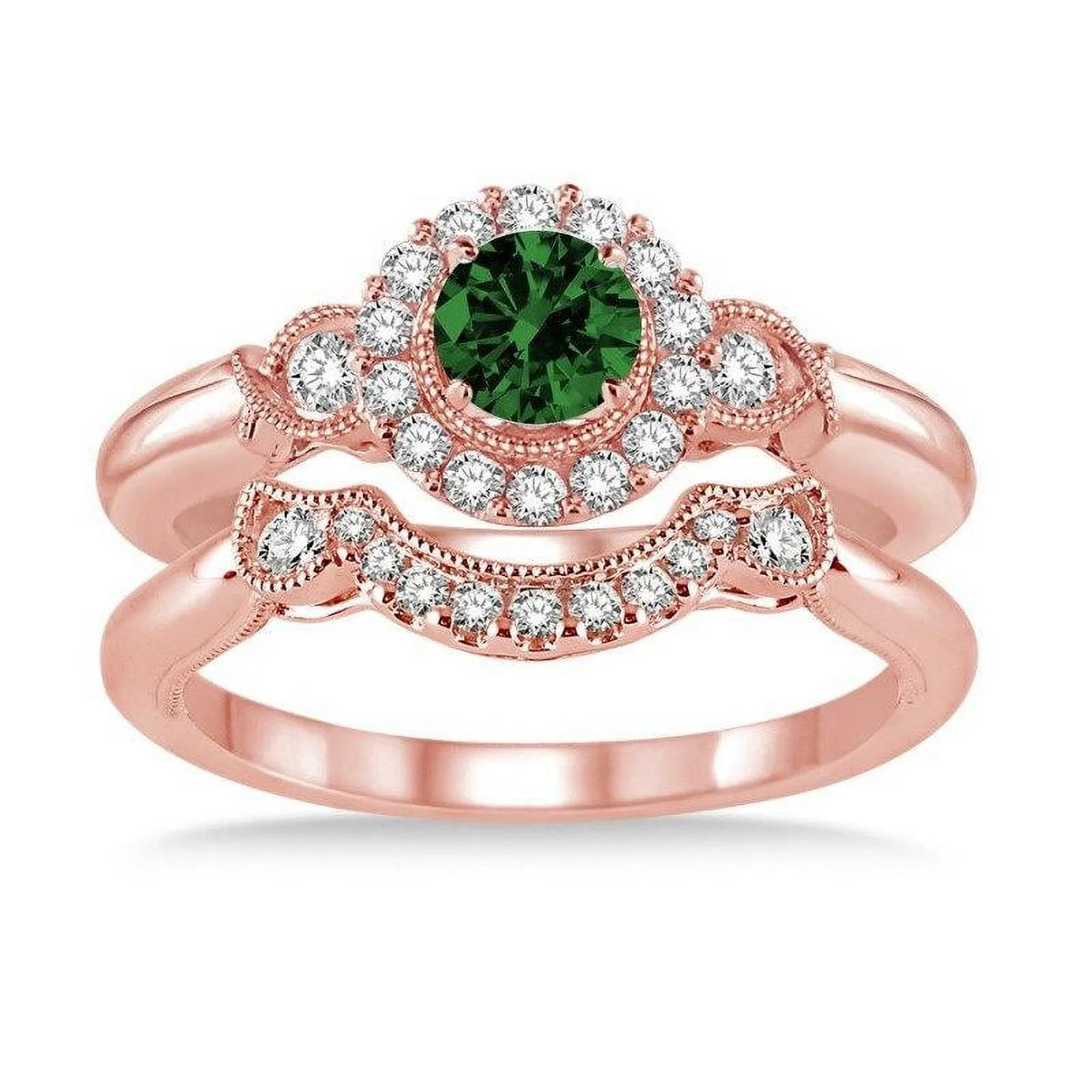 1.25 Carat Emerald & Diamond Antique Three Stone Flower Halo Bridal Set in 14k Rose Gold emerald and diamond engagement ring