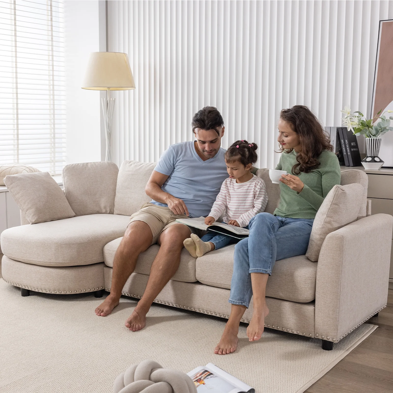 Puremind Sectional Sofa Couch with Chaise, Upholstered Curved Couch for Living Room/Apartment(Beige)