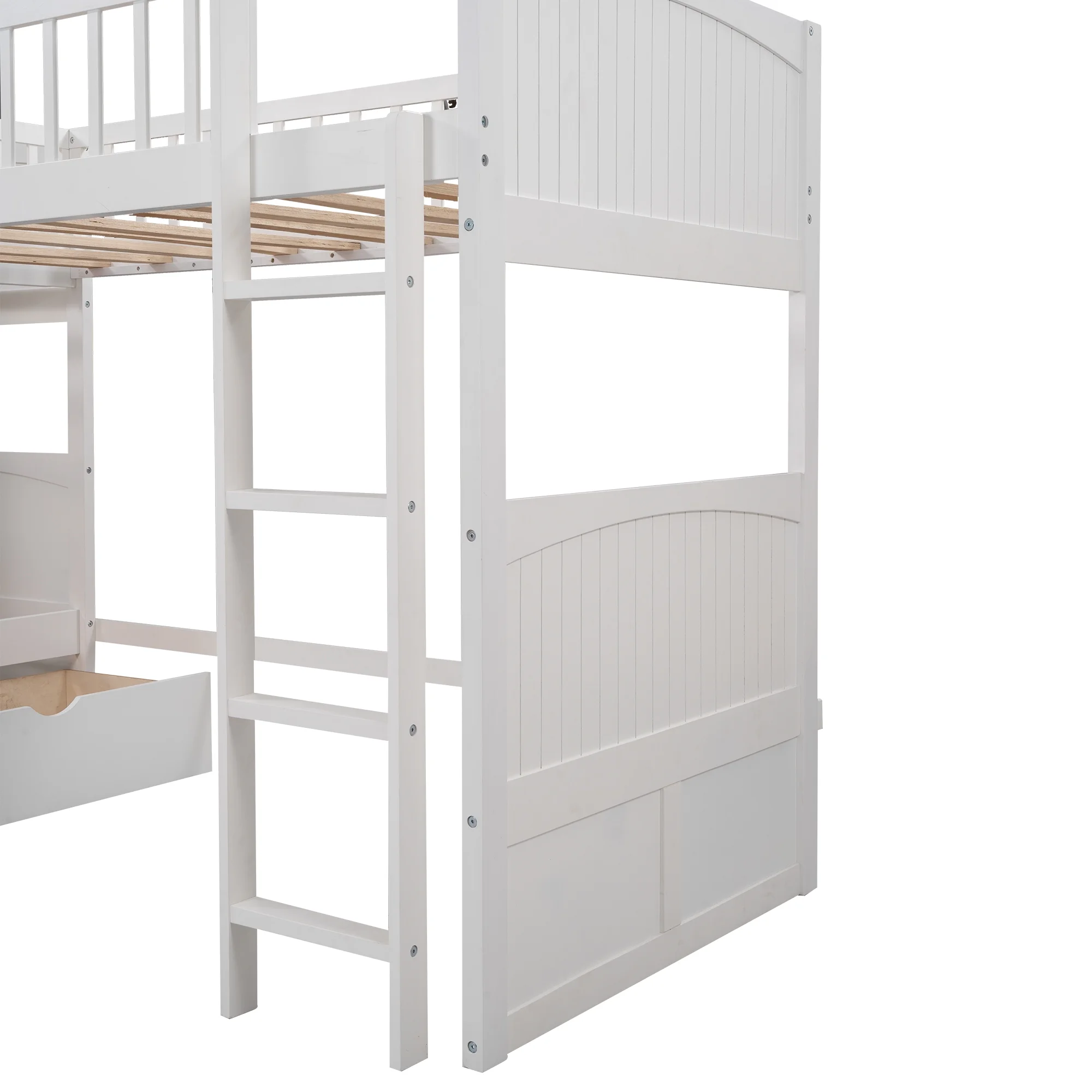 Euroco Twin Size L-Shaped Wood Triple Bunk Bed with Drawers for Kid's Bedroom, White