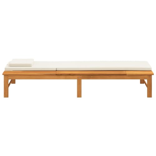 Sun Lounger with Cream White Cushion and Pillow Solid Wood Acacia,Acacia Wood Sun Lounger with Adjustable Backrest for Patio and Garden Relaxation
