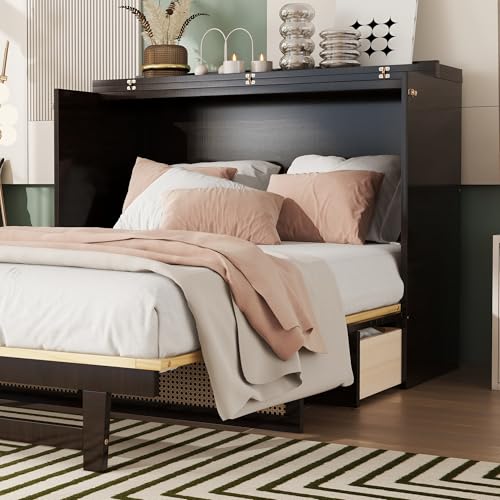 KEIKI Queen Size Cabinet Murphy Bed with Charging Station and Drawer, Multiple Storage Foldable Hideaway Wall Murphy Bed Frame with Solid Slat