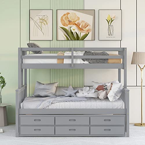 Harper & Bright Designs Twin Over Twin Bunk Bed with Storage Drawers, Solid Wood Bunk Bed Frame with Trundle, for Kids, Teens, Adults (Espresso)