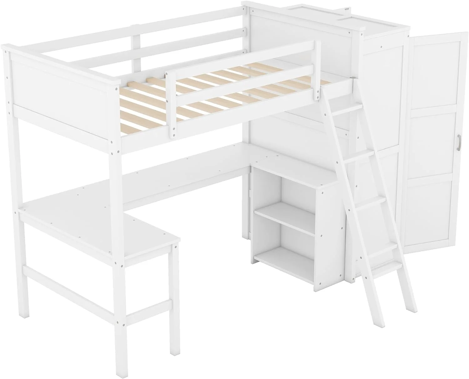 Lof Bed Wih Wardrobe Ad Desk, Wood Size Lof Bed Wih Desk Udereah Ad Sorage Shelves, Lof Bed Wih Close For Kids Boys Girls ees,Whie
