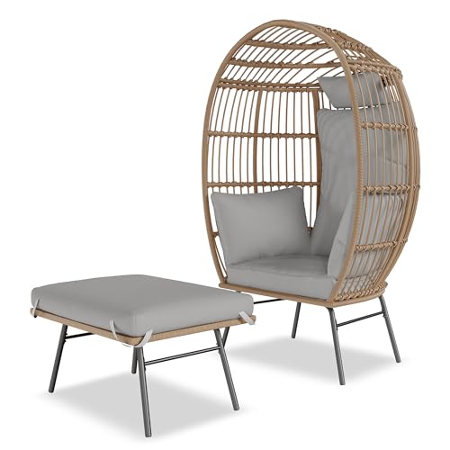 Oversized Wicker Egg Chair with Ottoman, Patio Lounge Chairs with Thick Cushion, Rattan Egg Basket with Steel Frame for Indoor/Outdoor, Porch