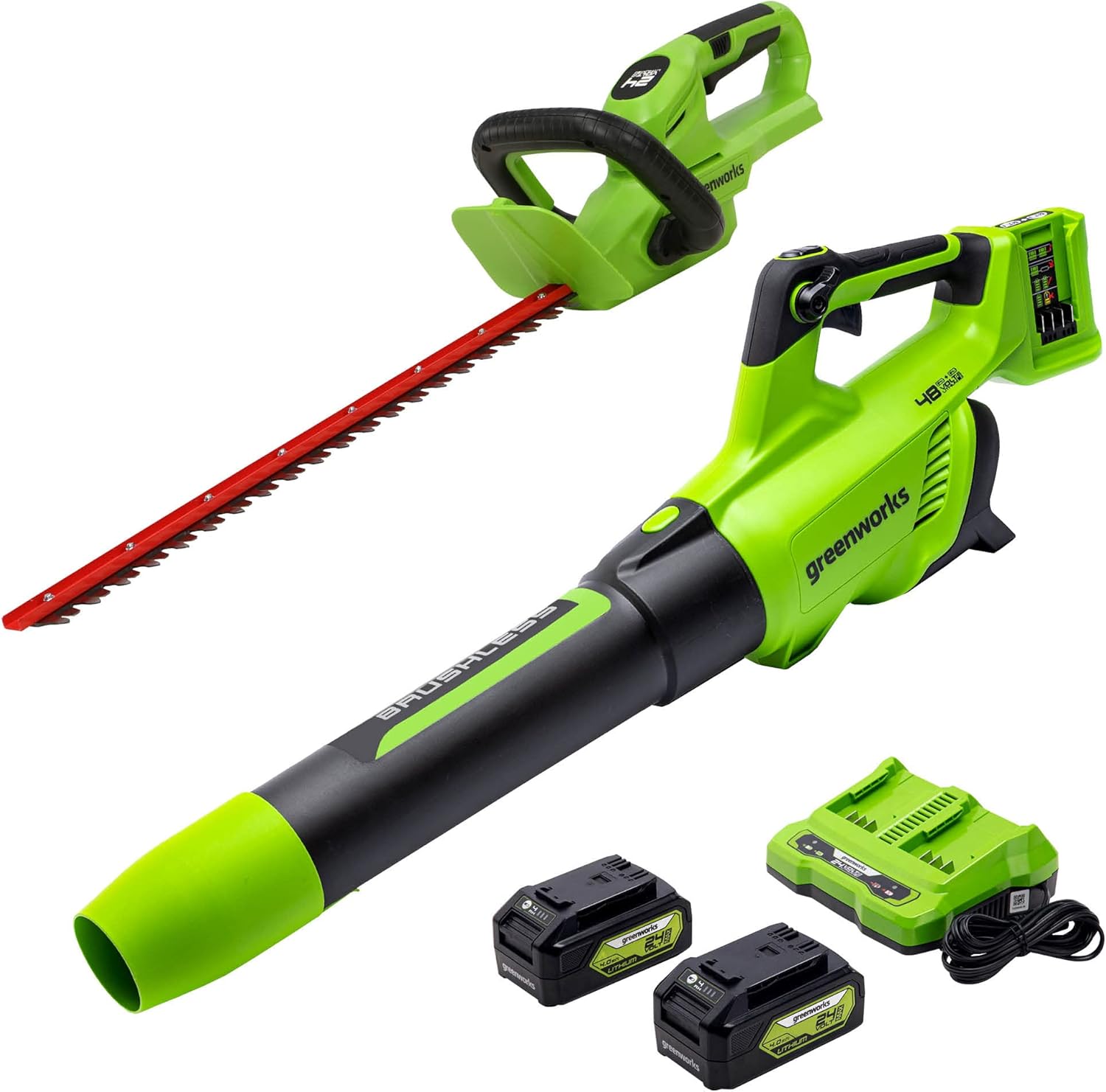 Greenworks 48V (2 x 24V) Brushless Cordless Axial Blower (140 MPH / 585 CFM), (2) 4.0Ah USB Batteries (USB Hub) and Dual Port Rapid Charger Included