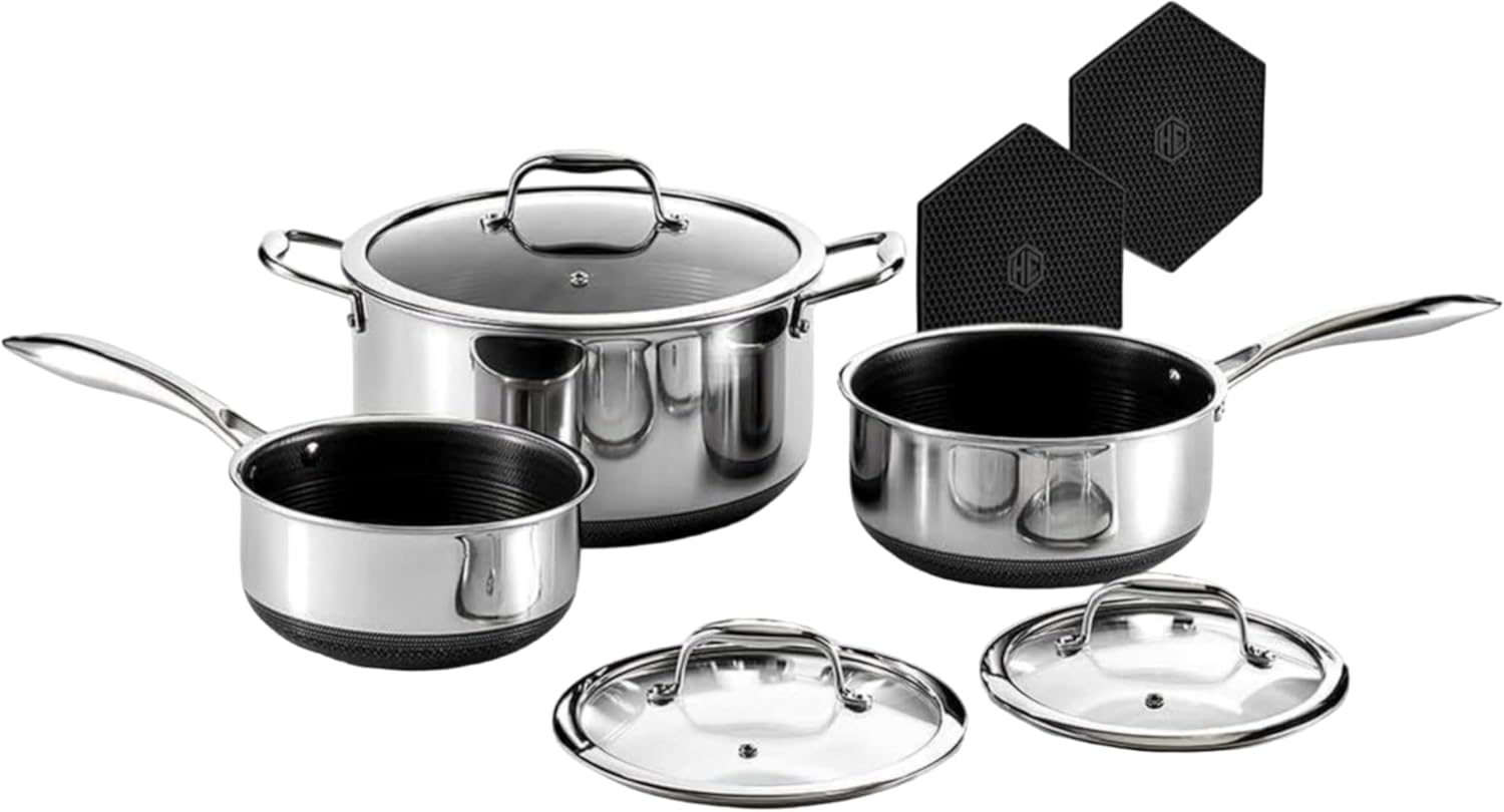 HexClad 16 Piece Hybrid Stainless Steel Cookware Set - 6 Piece Pan Set, 6 Piece Pot Set, 7 Quart Deep Fryer and 14 Inch Wok, Stay Cool Handles